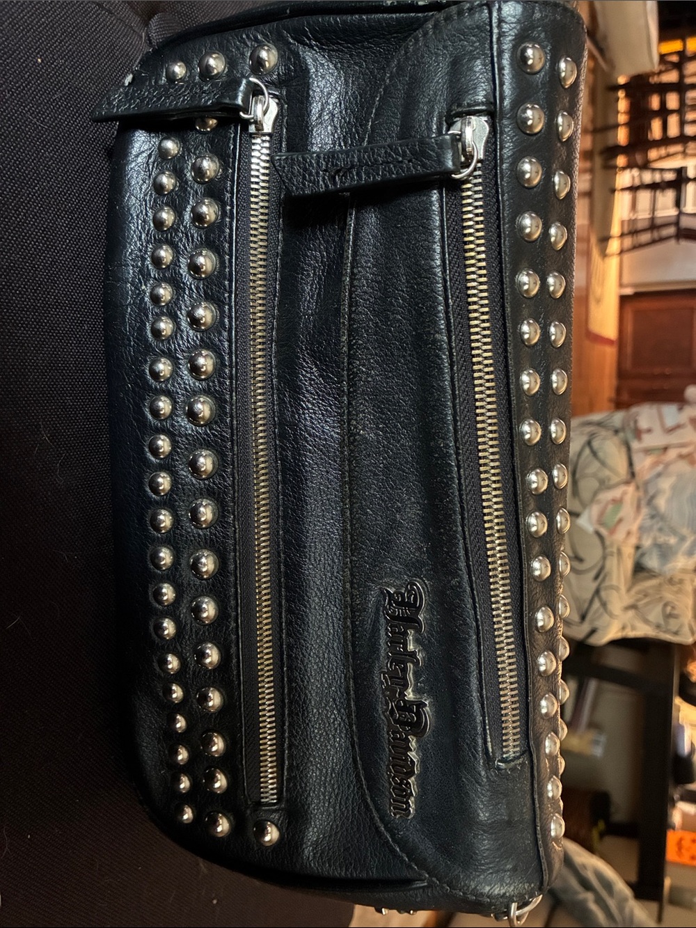 Harley-Davidson Black Leather Studded Shoulder Bag with Silver Hardware